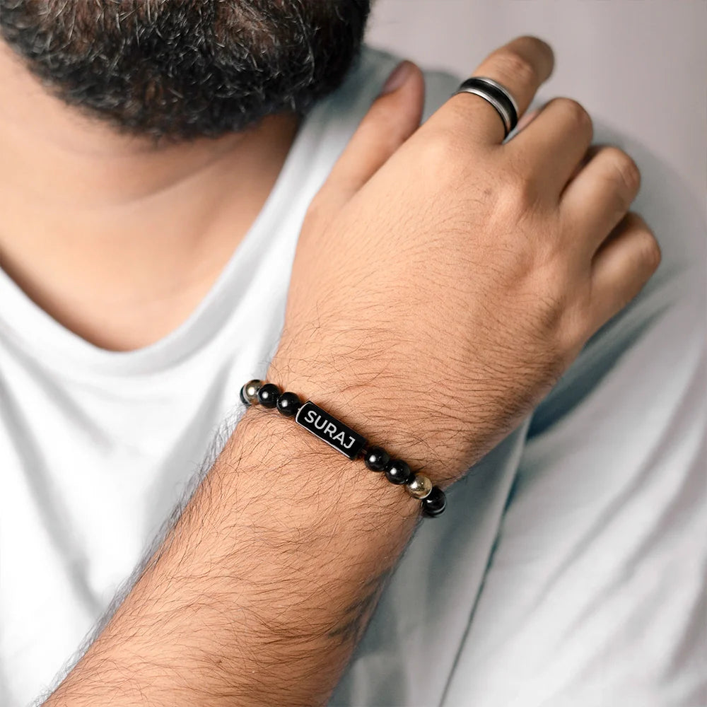 Personalized Black Onyx & Goldstone Bracelet | Lab Certified & Certified | Unisex