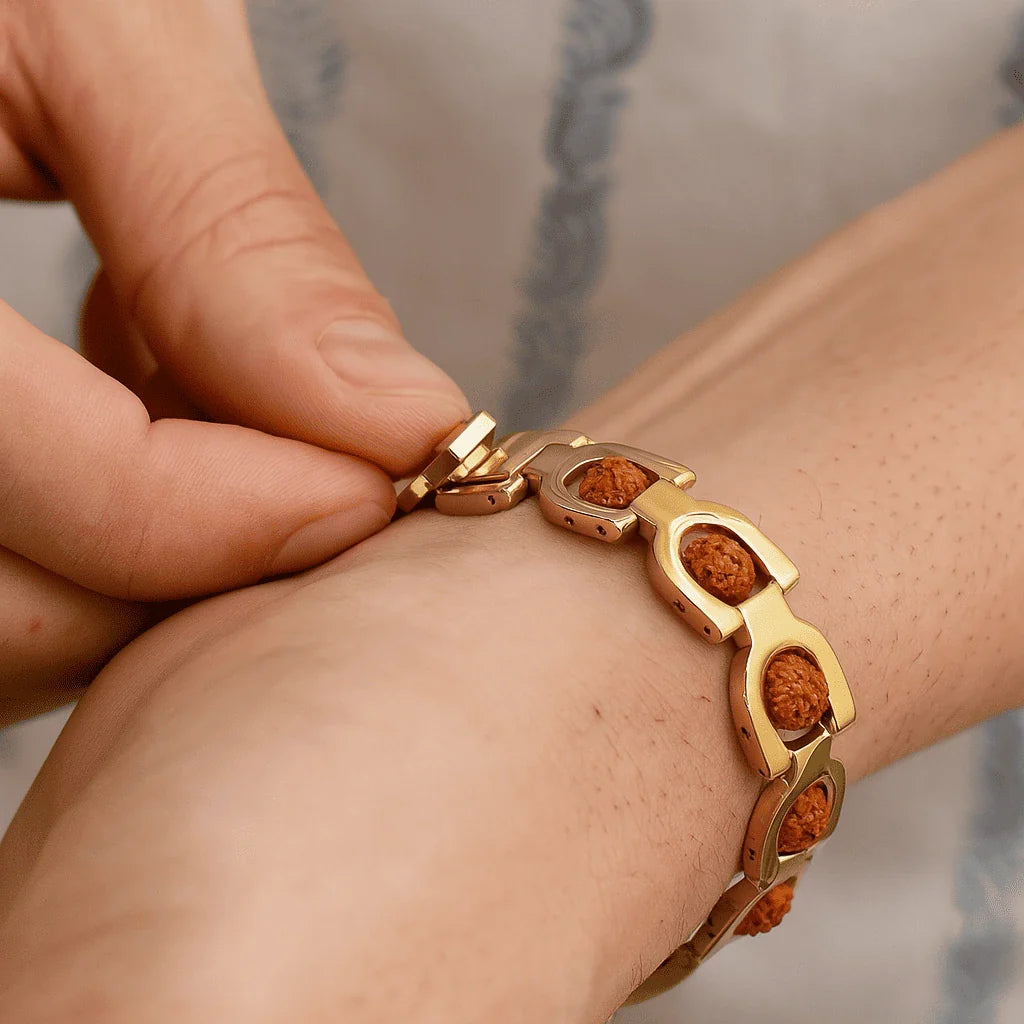 24K Gold Plated Dual Tone 5 Mukhi Original Rudraksh Bracelet with 1 Year Colour Warranty