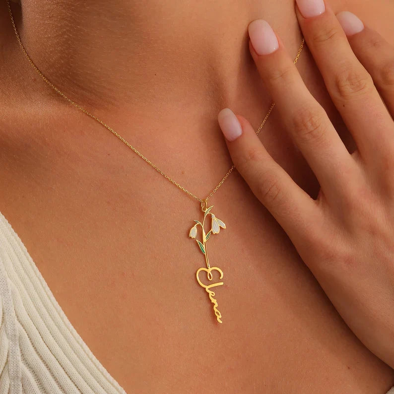 24K Gold Plated Personalize Enamel Snowdrop Flower With Name Necklace