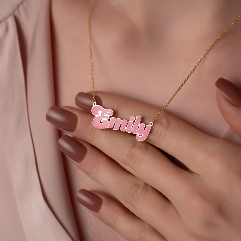 24K Gold Plated Personalized Pink Doll Style Enamel Name Necklace