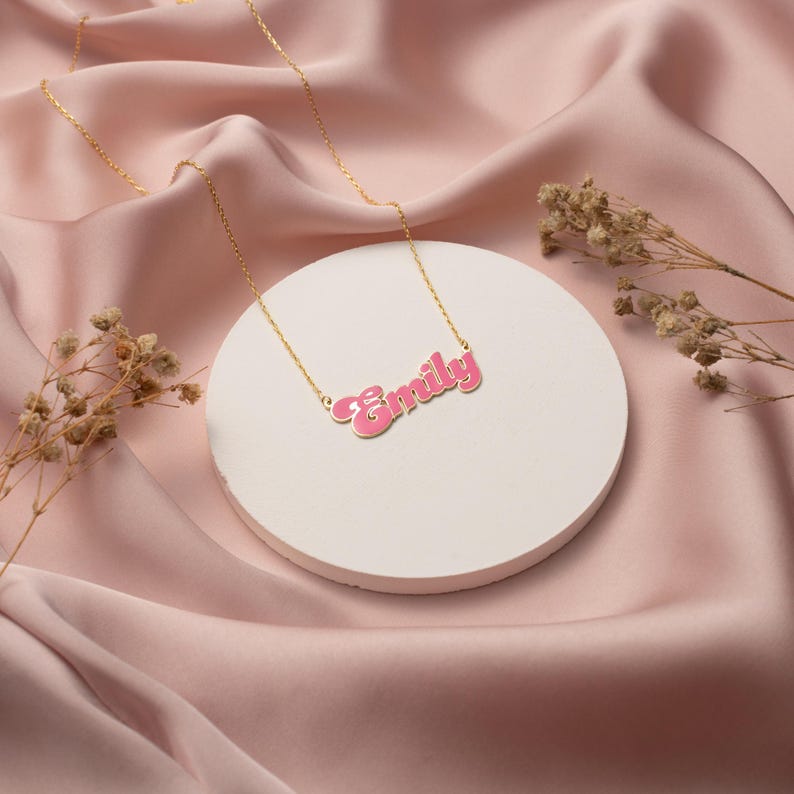 24K Gold Plated Personalized Pink Doll Style Enamel Name Necklace