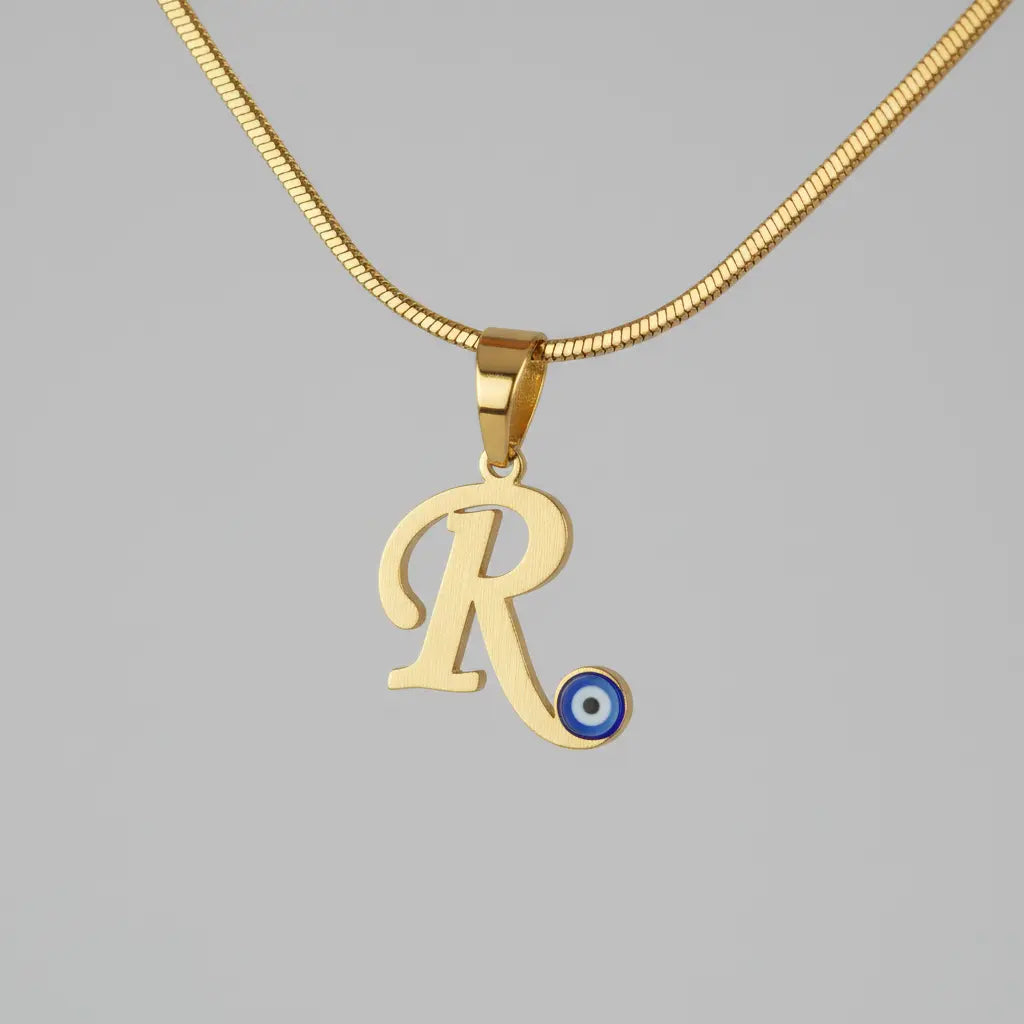 24K Gold Plated Personalize Single Alphabate Enamel Evil Eye Name Necklace